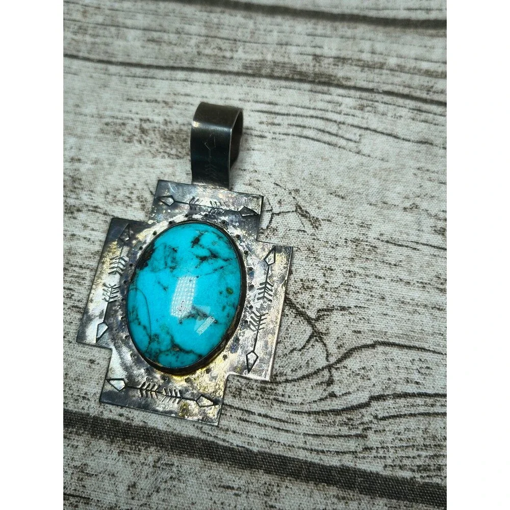 Native American Navajo Silver 925 And Turquoise Large Pendant